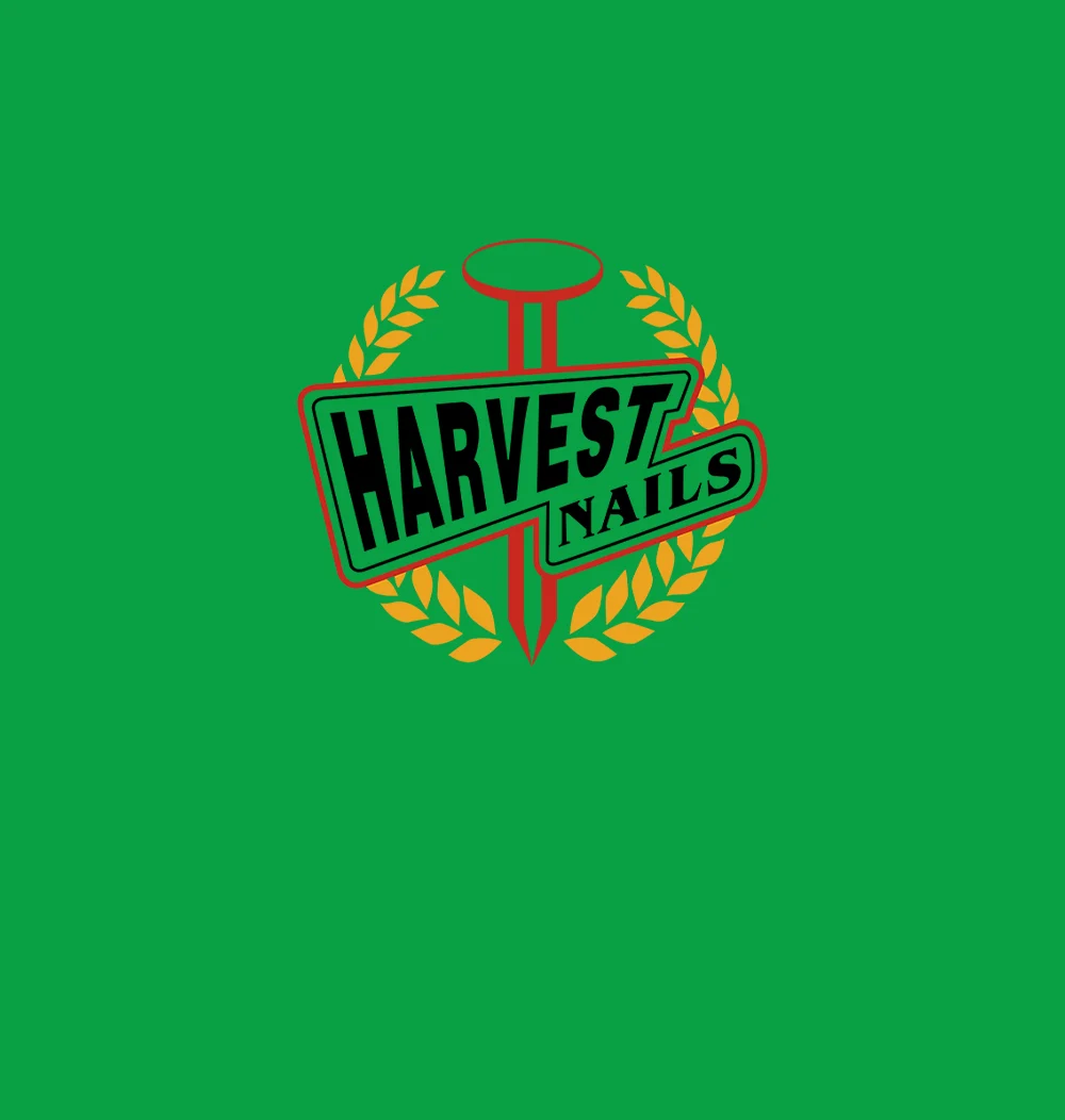 Harvest Nails logo with wheat wreath and a red nail.