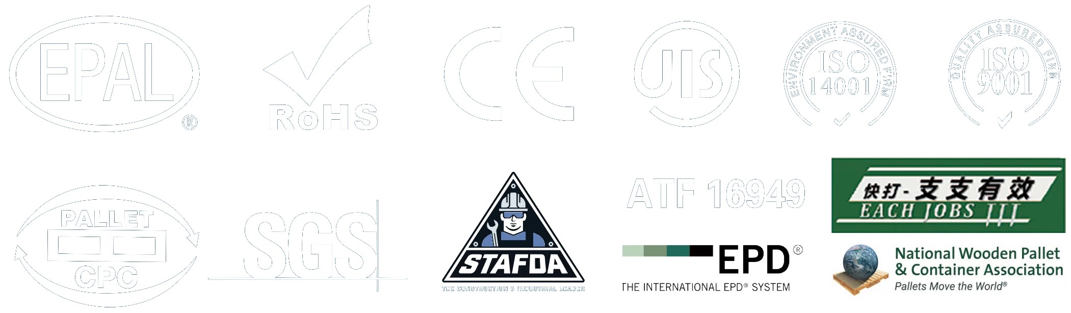 A collection of various industrial, quality, and environmental certification logos.